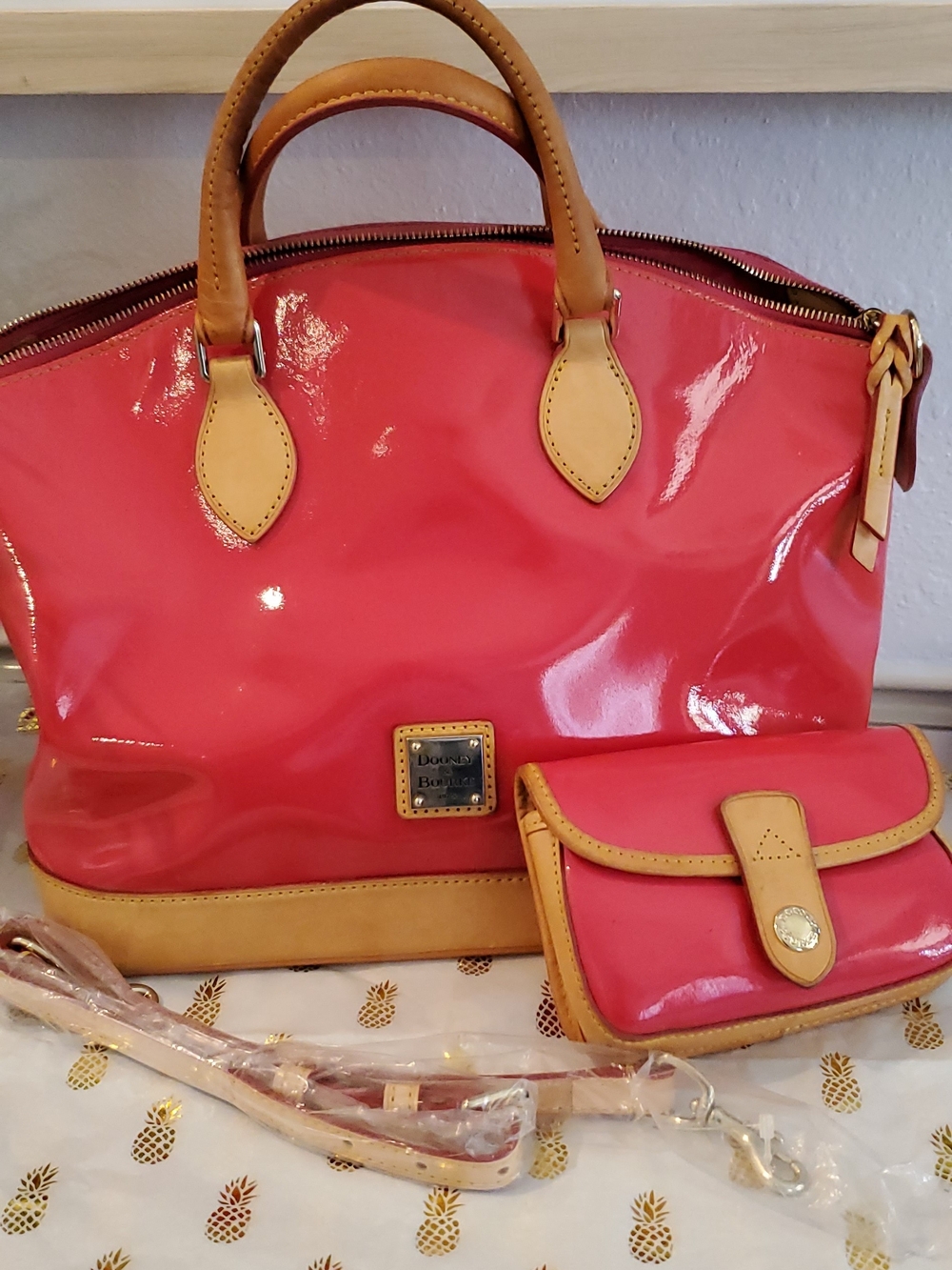 Dooney & Bourke Pink Patent Leather Satchel with Tan Trim and Wallet